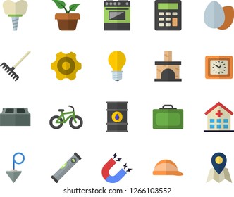 Color flat icon set cogwheel flat vector, level meter, hard hat, construction plummet, brick, electric stove, egg, home plant, rake, fireplace, oil tanks, lamp, clock, hospital, implant, calculator