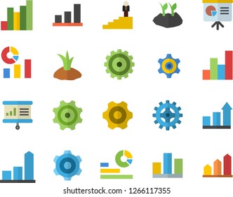 Color flat icon set cogwheel flat vector, planting plants, chart, statistics, statistic, career ladder, presentaition board, achievement
