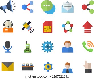 Color flat icon set cogwheel flat vector, SIM card, person, molecules, telephone operator, phone call, mouthpiece, chat, meeting, satellit, share, upload, message, envelope, microphone, user