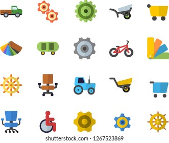 Color flat icon set cogwheel flat vector, color scheme, pickup truck, tractor, garden wheelbarrow, grocery trolley, disabled, office chair, skateboard, bicycle, steering wheel fector