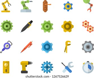 Color flat icon set cogwheel flat vector, tool, drill screwdriver, door lock, spring balance, pen, robot hand, industrial, stopwatch