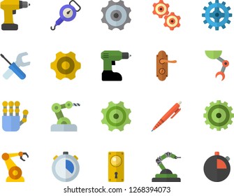 Color flat icon set cogwheel flat vector, tool, drill screwdriver, door lock, spring balance, robotics, pen, robot hand, industrial, stopwatch