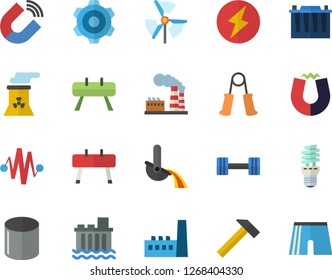 Color flat icon set cogwheel flat vector, hammer, factory, accumulator, hydroelectric power station, manufactory, energy saving lamp, pipe production, magnet, metallurgy, nuclear plant, lightning
