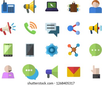 Color flat icon set cogwheel flat vector, phone call, mouthpiece, chat, molecules, telephone, operator, meeting, laptop, mail, fector, share, mobile, user, indicate