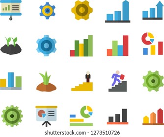 Color flat icon set cogwheel flat vector, planting plants, chart, statistics, statistic, career ladder, presentaition board, achievement
