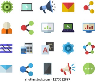 Color flat icon set cogwheel flat vector, calculator, person, molecules, mouthpiece, computer chart, paper tray, laptop, mail, share, translate, mobile, chat