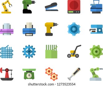 Color flat icon set cogwheel flat vector, drill screwdriver, weighing machine, blender, coffee, lawn mower, oil pumping, fabric manufacture, printer, copy, stapler, industrial robot