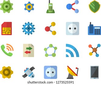 Color flat icon set cogwheel flat vector, sockets, socket, satellite antenna, SIM card, phone call, molecules, telephone, molecule, satellit, security fector, share, broadcast, file sharing, mobile