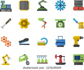 Color flat icon set cogwheel flat vector, drill screwdriver, weighing machine, turk, mixer, double boiler, blender, sprinkling, oil pumping, robotics, cash, tomograph, copy, stapler, robot hand, cpu