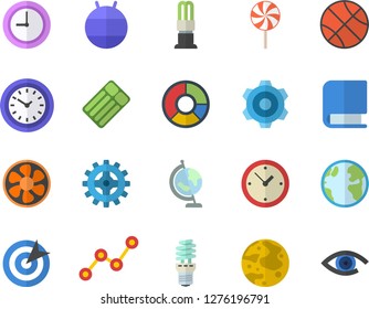 Color flat icon set cogwheel flat vector, lollipop, ventilation, earth, energy saving lamp, scatter chart, clock, clircle diagram, target, book, moon, globe, basketball, fitball, eye