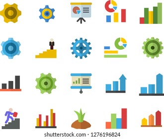 Color flat icon set cogwheel flat vector, planting plants, chart, statistics, statistic, career ladder, presentaition board, achievement
