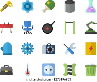 Color flat icon set cogwheel flat vector, tool, sockets, switch box, teflon, potholder, temperature, trammel, pipe production, robotics, briefcase, office chair, flask, carpal expander, table tennis