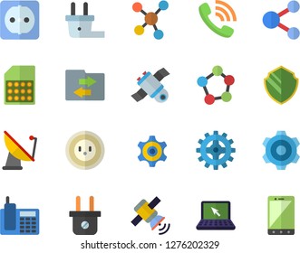 Color flat icon set cogwheel flat vector, sockets, socket, plug, satellite antenna, SIM card, phone call, molecules, telephone, laptop, satellit, security fector, share, file sharing, mobile