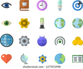 Color flat icon set cogwheel flat vector, cookbook, earth, energy saving lamp, heart, clock, target, globe, fitball, pills, fector, broadcast, eye, book