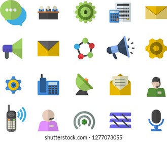 Color flat icon set cogwheel flat vector, calculator, satellite antenna, telephone operator, phone call, mouthpiece, chat, molecules, meeting, paper tray, broadcast, message, envelope, microphone