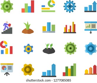 Color flat icon set cogwheel flat vector, planting plants, chart, statistics, statistic, career ladder, presentaition board, achievement