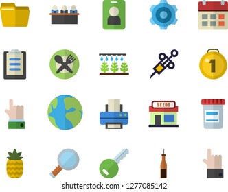 Color flat icon set cogwheel flat vector, sauce, pineapple, grain warehouse, sprinkling machine, earth, vial, syringe, clipboard, computer file, meeting, printer, magnifier, medal, pass, key