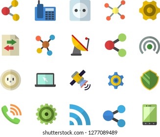 Color flat icon set cogwheel flat vector, socket, satellite antenna, molecules, phone call, telephone, laptop, molecule, satellit, security vector, share, broadcast, file sharing, mobile