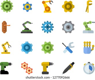 Color flat icon set cogwheel flat vector, tool, drill screwdriver, door lock, robotics, pen, robot hand, industrial, stopwatch
