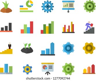 Color flat icon set cogwheel flat vector, planting plants, chart, statistics, statistic, career ladder, presentaition board, achievement