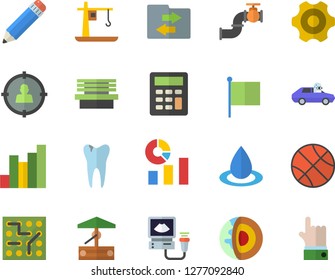 Color flat icon set cogwheel flat vector, well, bench, main pipeline, drop, crane, autopilot, target audience, chart, statistics, flag, ultrasound, caries, calculator, pencil, electronic circuit