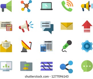 Color flat icon set cogwheel flat vector, calculator, satellite antenna, molecules, phone call, mouthpiece, chat, computer chart, paper tray, laptop, fector, upload, file sharing, message, envelope