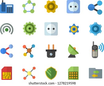 Color flat icon set cogwheel flat vector, sockets, socket, plug, satellite antenna, SIM card, molecules, phone call, telephone, molecule, security fector, share, broadcast, file sharing