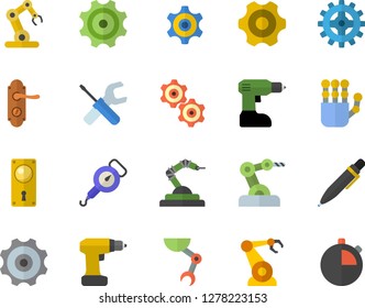 Color flat icon set cogwheel flat vector, tool, drill screwdriver, door lock, spring balance, robotics, pen, robot hand, industrial, stopwatch