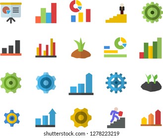 Color flat icon set cogwheel flat vector, planting plants, chart, statistics, statistic, career ladder, presentaition board, achievement