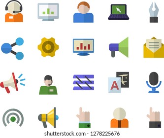 Color flat icon set cogwheel flat vector, person, molecules, telephone operator, mouthpiece, computer chart, ink pen, paper tray, laptop, broadcast, translate, message, microphone, user, indicate