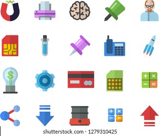 Color flat icon set cogwheel flat vector, double boiler, SIM card, credit, idea, calculator, drawing pin, telephone, printer, rocket, magnet, scientist, beakers, brain, share, download, upload