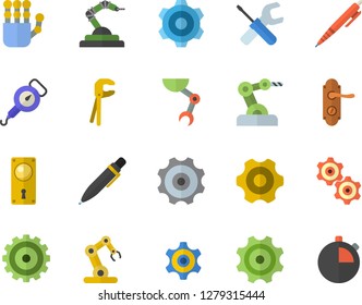 Color flat icon set cogwheel flat vector, tool, door lock, spring balance, robotics, pen, robot hand, industrial, stopwatch