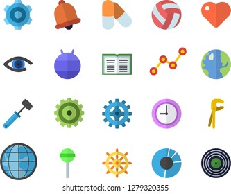 Color flat icon set cogwheel flat vector, tool, meat hammer, lollipop, earth, scatter chart, heart, clock, clircle diagram, volleyball, fitball, pills, steering wheel fector, bell, eye, book, target