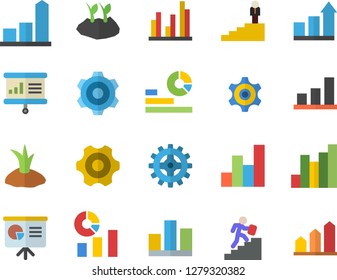 Color flat icon set cogwheel flat vector, planting plants, chart, statistics, statistic, career ladder, presentaition board, achievement