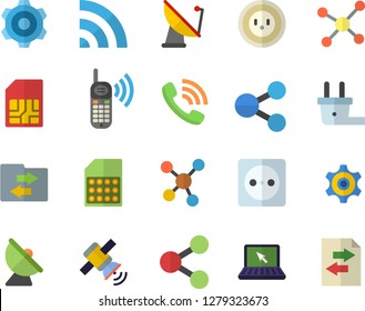 Color flat icon set cogwheel flat vector, socket, plug, satellite antenna, SIM card, molecules, phone call, laptop, molecule, satellit, broadcast, file sharing