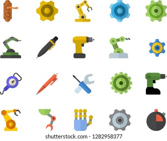 Color flat icon set cogwheel flat vector, tool, drill screwdriver, door lock, spring balance, robotics, pen, robot hand, industrial, stopwatch