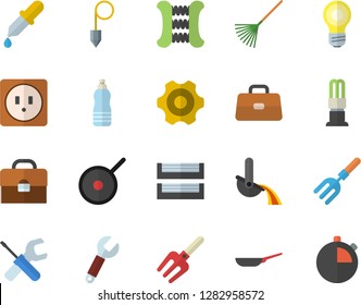 Color flat icon set cogwheel flat vector, tool, sockets, construction plummet, frying pan, teflon, pitchfork, rake, energy saving lamp, wrench, metallurgy, pipette, briefcase, paper tray, water