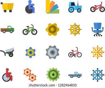 Color flat icon set cogwheel flat vector, color scheme, pickup truck, tractor, garden wheelbarrow, grocery trolley, disabled, office chair, bicycle, fector, steering wheel