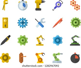 Color flat icon set cogwheel flat vector, tool, drill screwdriver, door lock, spring balance, robotics, pen, industrial robot, stopwatch