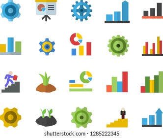 Color flat icon set cogwheel flat vector, planting plants, chart, statistics, statistic, career ladder, presentaition board, achievement