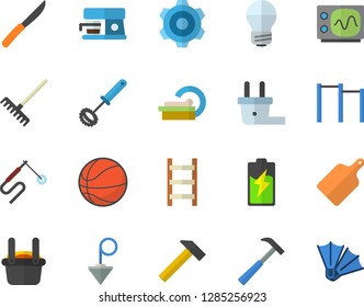 Color flat icon set cogwheel flat vector, energy saving lamp, construction plummet, hammer, whisk, knives, cutting board, coffee machine, rake, ladder, battery, plug socket, welding, metallurgy