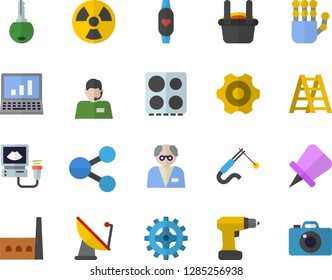 Color flat icon set cogwheel flat vector, drill screwdriver, ladder, electric stove, manufactory, radiation, satellite antenna, welding, metallurgy, molecules, telephone operator, ultrasound, key
