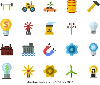 Color flat icon set cogwheel flat vector, energy saving lamp, hammer, windmill, tractor, oil tanks, power line support, hydroelectric station, plant, eco cars, idea, nuclear, magnet, barbell