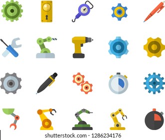 Color flat icon set cogwheel flat vector, tool, drill screwdriver, door lock, spring balance, robotics, pen, robot hand, industrial, stopwatch