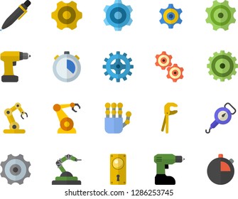 Color flat icon set cogwheel flat vector, tool, drill screwdriver, door lock, spring balance, robotics, pen, robot hand, industrial, stopwatch