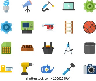 Color flat icon set cogwheel flat vector, drill screwdriver, brick, meat hammer, food processor, watering can, ladder, pipe production, welding, SIM card, dividers, metallurgy, helicopter, laptop