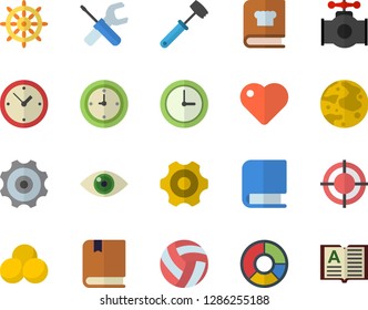 Color flat icon set cogwheel flat vector, tool, meat hammer, cookbook, main pipeline, heart, clock, clircle diagram, target, book, moon, textbook, volleyball, pills, steering wheel fector, eye