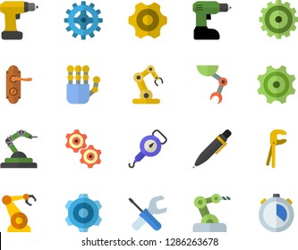 Color flat icon set cogwheel flat vector, tool, drill screwdriver, door lock, spring balance, robotics, pen, robot hand, industrial, stopwatch