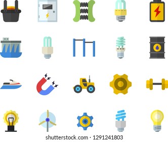 Color flat icon set cogwheel flat vector, energy saving lamp, switch box, tractor, battery, oil tanks, hydroelectric power station, metallurgy, fector, magnet, windmill, dumbbell, carpal expander