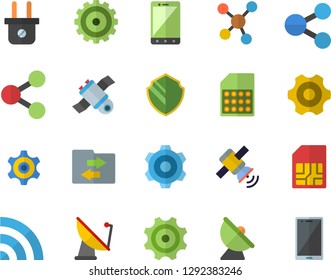 Color flat icon set cogwheel flat vector, plug socket, satellite antenna, SIM card, molecules, satellit, security fector, broadcast, file sharing, mobile